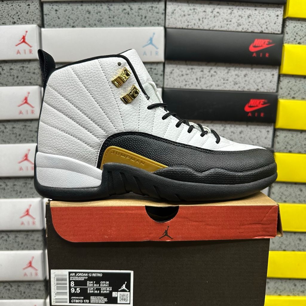 Air Jordan 12 Retro Royalty Taxi CT8013-170 White Black Metallic Gold side view