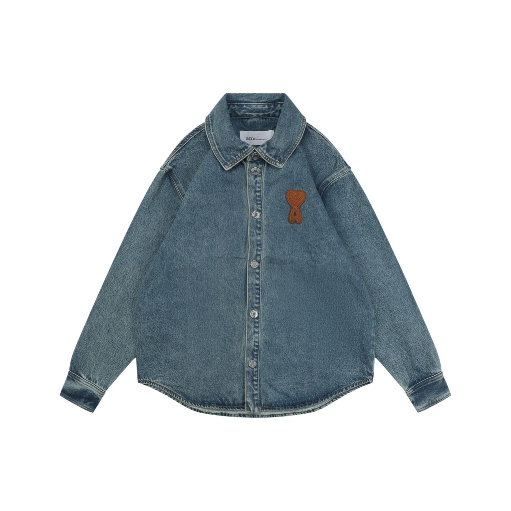 AMI Paris Heart Embroidered Denim Long Sleeve Shirt