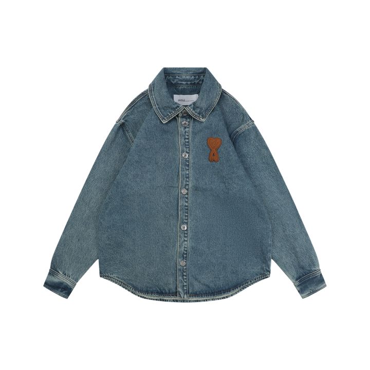 AMI Paris Heart Embroidered Denim Long Sleeve Shirt