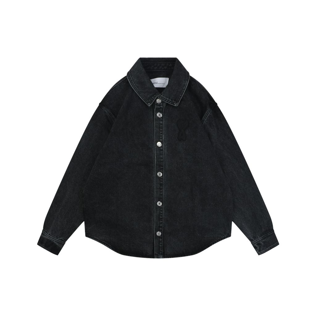 AMI Paris Heart Embroidered Denim Long Sleeve Shirt