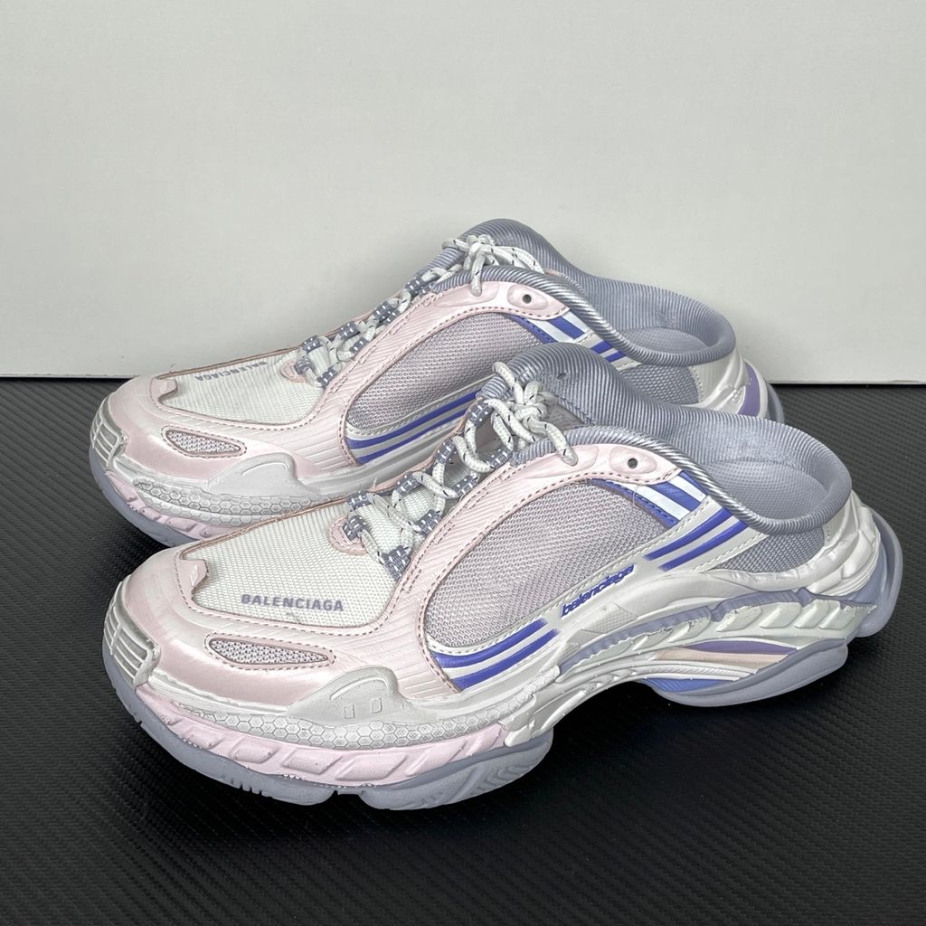 Shop Balenciaga Triple S.2 Mule 875020 WTSM0 5550 in Lilac Mix and Pink with gradient mesh styling, distressed detailing, hiking laces and a chunky 3-layer outsole.