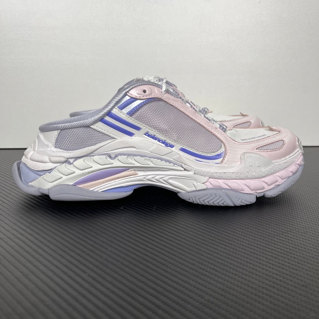 Shop Balenciaga Triple S.2 Mule 875020 WTSM0 5550 in Lilac Mix and Pink with gradient mesh styling, distressed detailing, hiking laces and a chunky 3-layer outsole.