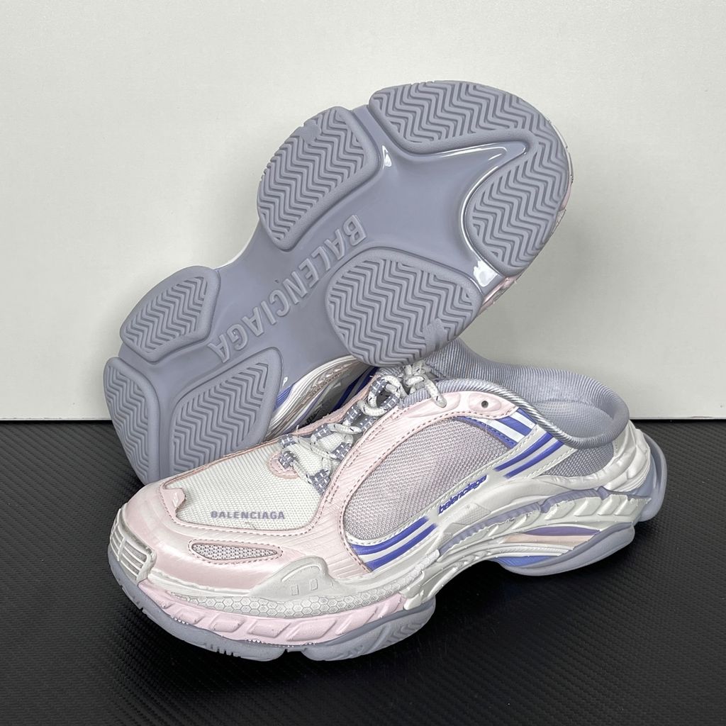 Shop Balenciaga Triple S.2 Mule 875020 WTSM0 5550 in Lilac Mix and Pink with gradient mesh styling, distressed detailing, hiking laces and a chunky 3-layer outsole.