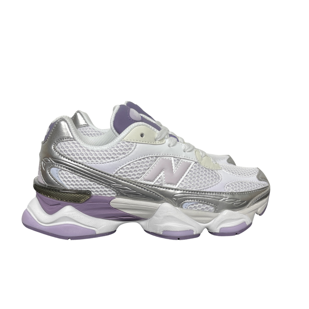 Shop New Balance 9060R U906049S in Bright Lavender and Dark Silver Metallic with ABZORB and SBS cushioning, metallic Y2K styling and a sculpted chunky sole.