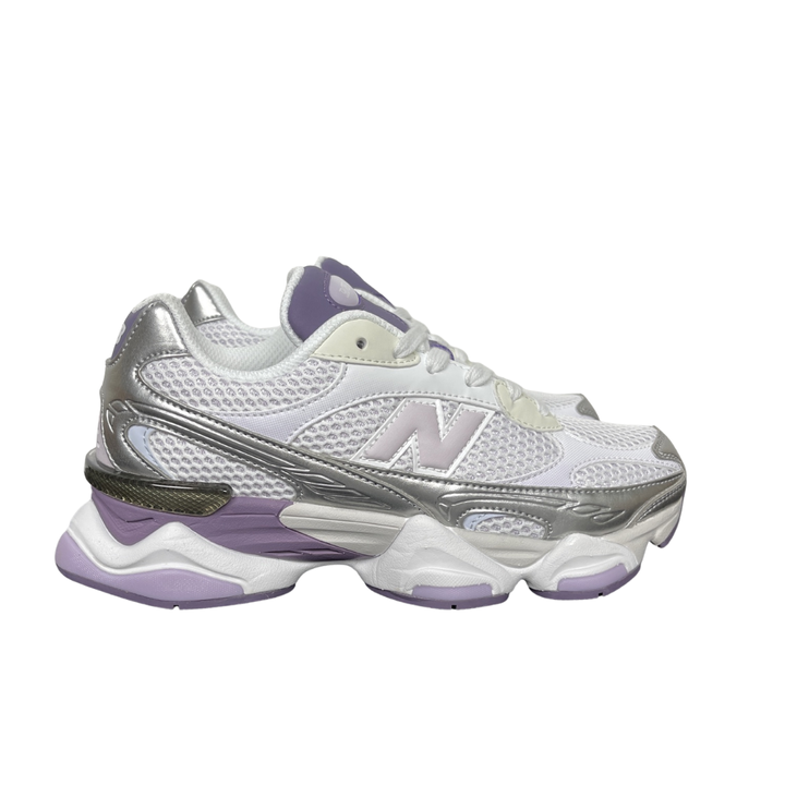 Shop New Balance 9060R U906049S in Bright Lavender and Dark Silver Metallic with ABZORB and SBS cushioning, metallic Y2K styling and a sculpted chunky sole.
