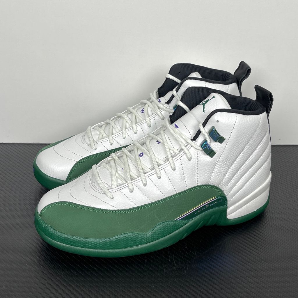 Shop Air Jordan 12 Retro Bucks CT8013-103 in Summit White, Fierce Purple and Gorge Green with premium leather, Air Zoom cushioning and rubber traction.