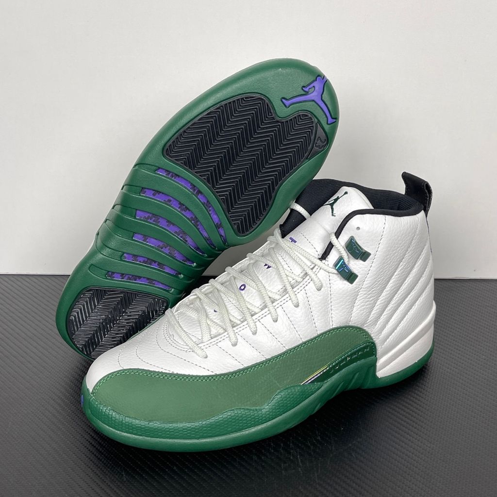 Shop Air Jordan 12 Retro Bucks CT8013-103 in Summit White, Fierce Purple and Gorge Green with premium leather, Air Zoom cushioning and rubber traction.