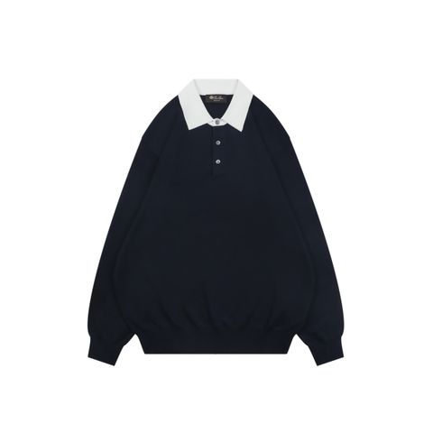 Loro Piana Contrast Collar Long Sleeve Polo Navy