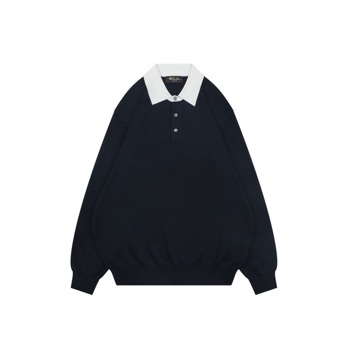 Loro Piana Contrast Collar Long Sleeve Polo Navy
