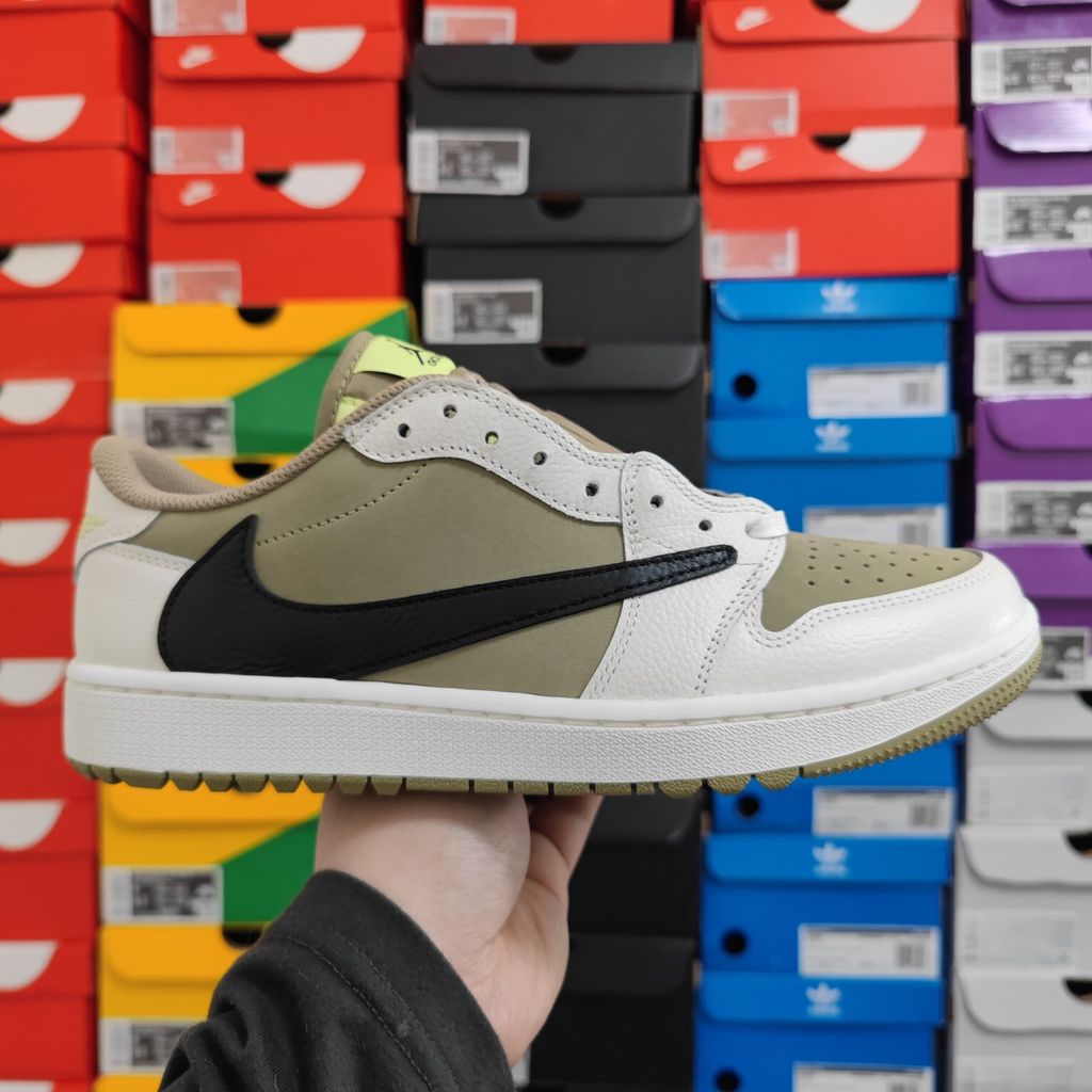 Shop Travis Scott x Air Jordan 1 Low Golf FZ3124-200 Neutral Olive with reverse Swoosh, Cactus Jack branding, Nike Air cushioning and golf traction.