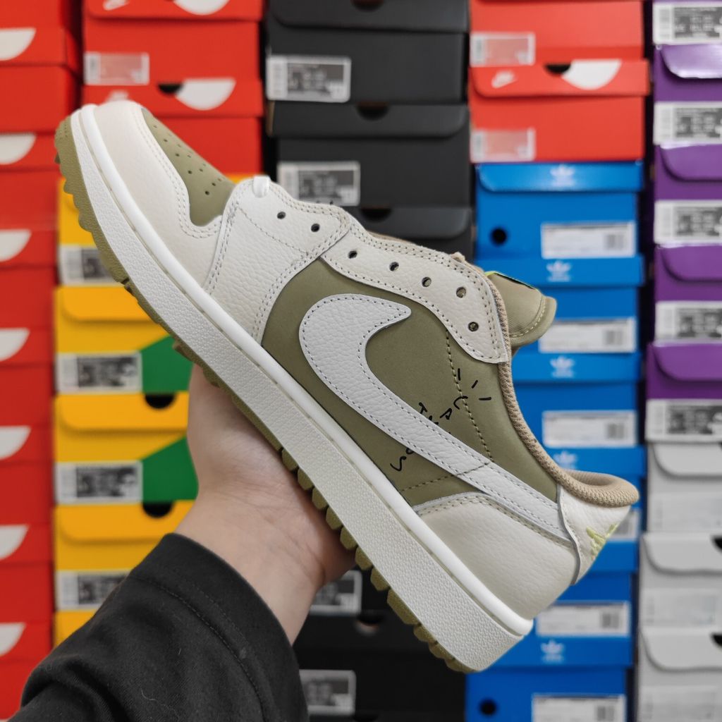Travis Scott x Air Jordan 1 Low Golf FZ3124-200 Neutral Olive Golf Sneakers