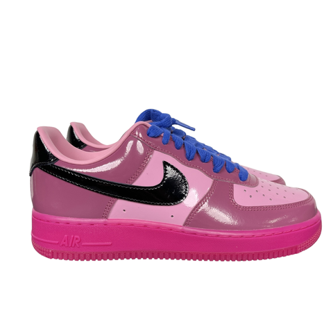 Shop Nike Air Force 1 Low IO4489-600 in Pink Cooler, Mulberry Rose, Hyper Blue and Black with glossy leather styling, Nike Air cushioning and rubber traction.