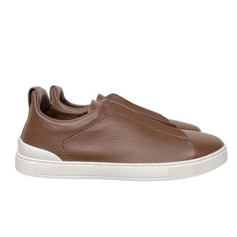 Shop ZEGNA Triple Stitch SECONDSKIN LHOTA-S5207Z-ALM in Almond Brown with soft calf leather, triple-cross elastics, removable footbed and white rubber sole.