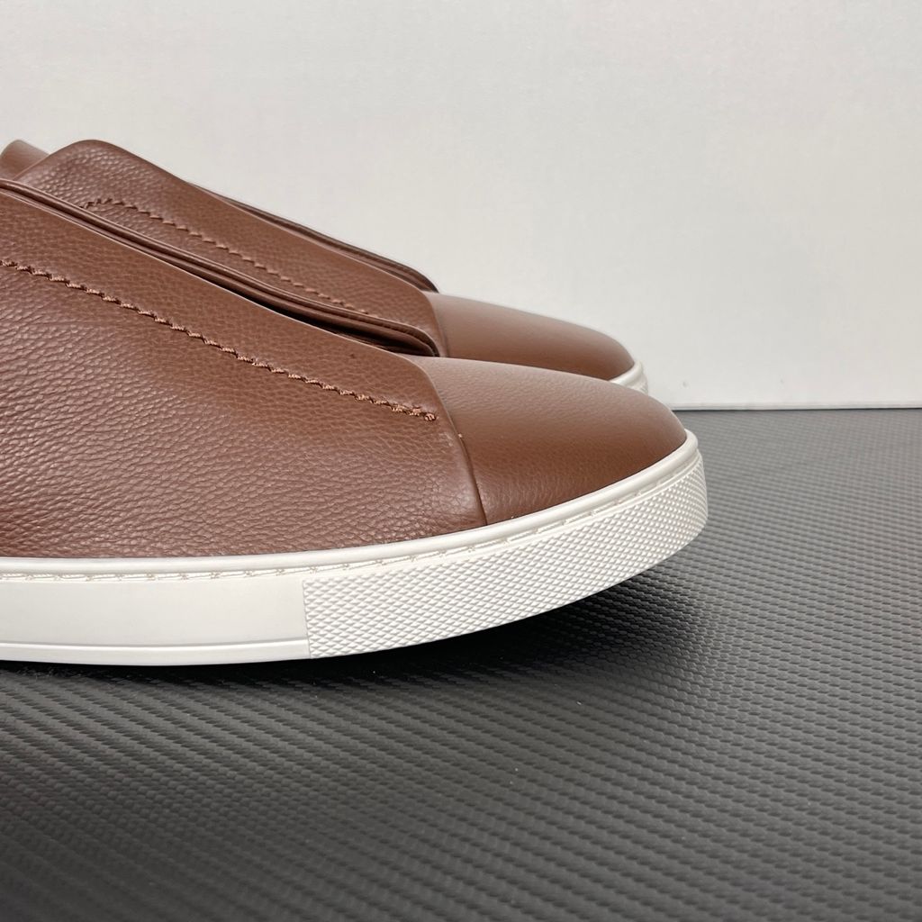 Shop ZEGNA Triple Stitch SECONDSKIN LHOTA-S5207Z-ALM in Almond Brown with soft calf leather, triple-cross elastics, removable footbed and white rubber sole.