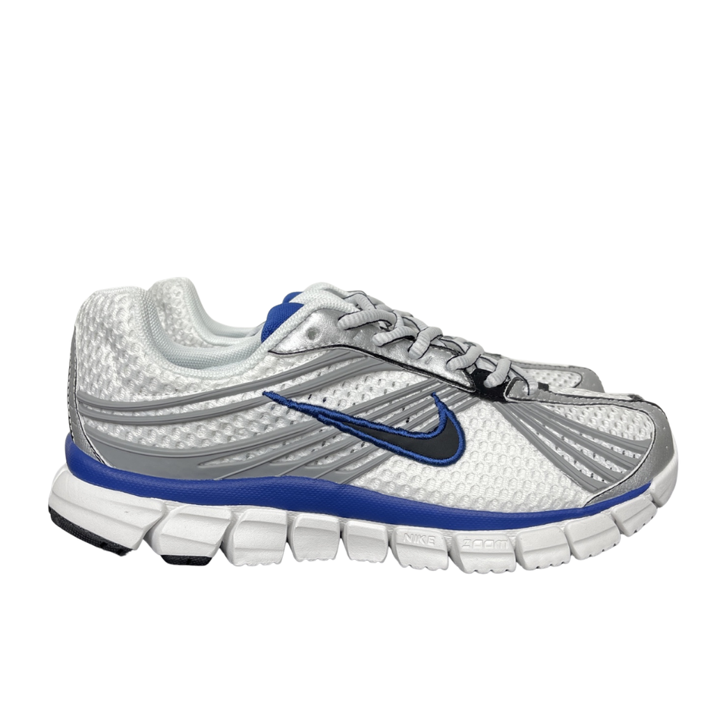 Shop Nike Zoom Skylon 11 IU1869-103 in White, Metallic Silver, Old Royal and Black with heel Air Zoom, Cushlon cushioning and flexible Y2K styling.