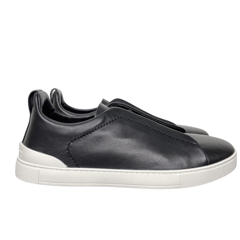 Shop ZEGNA Triple Stitch SECONDSKIN LHOTA-S5207Z-NER in Nero Oasi Black with soft calf leather, triple-cross elastics, removable footbed and white rubber sole.