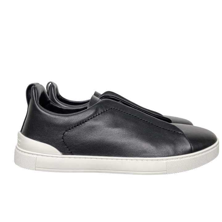 Shop ZEGNA Triple Stitch SECONDSKIN LHOTA-S5207Z-NER in Nero Oasi Black with soft calf leather, triple-cross elastics, removable footbed and white rubber sole.