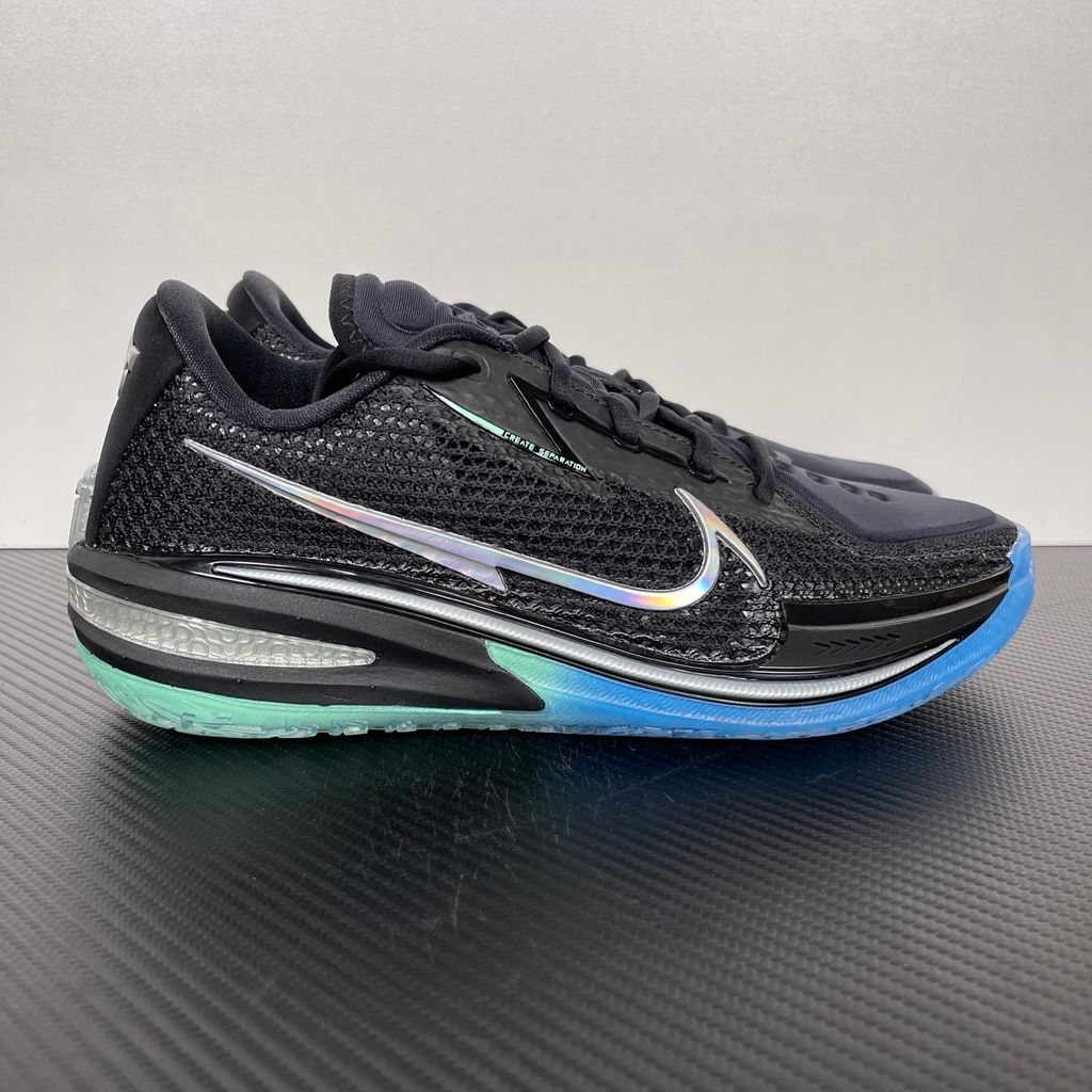 Shop Nike Air Zoom G.T. Cut 1 EP Nike Nationals IX5225-001 in Black, Radiant Green and Radiant Blue with React, Air Zoom Strobel and heel Zoom cushioning.