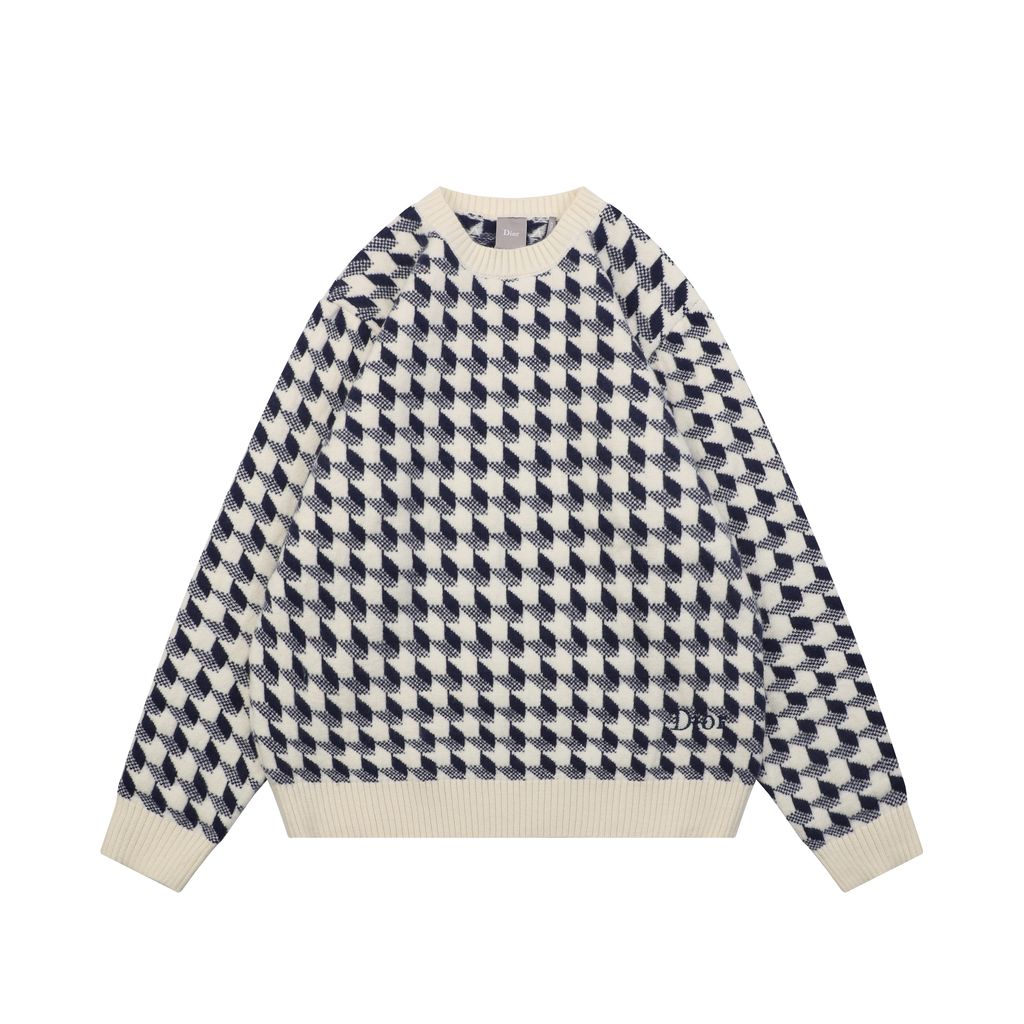 Christian Dior Blue Houndstooth Embroidered Crewneck Sweater