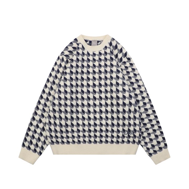 Christian Dior Blue Houndstooth Embroidered Crewneck Sweater