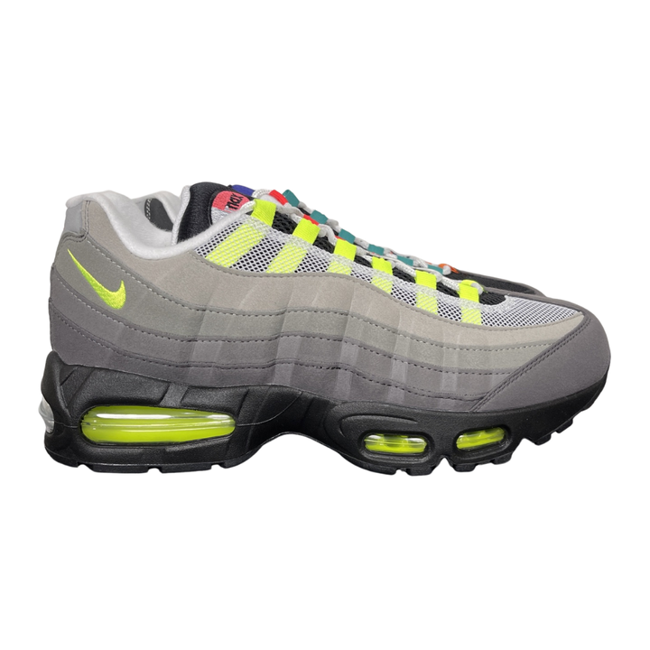Shop Nike Air Max 95 Big Bubble Premium Greedy IM2211-001 with Neon, Grape, Solar Red and Bright Mandarin accents, visible Max Air cushioning and layered upper.