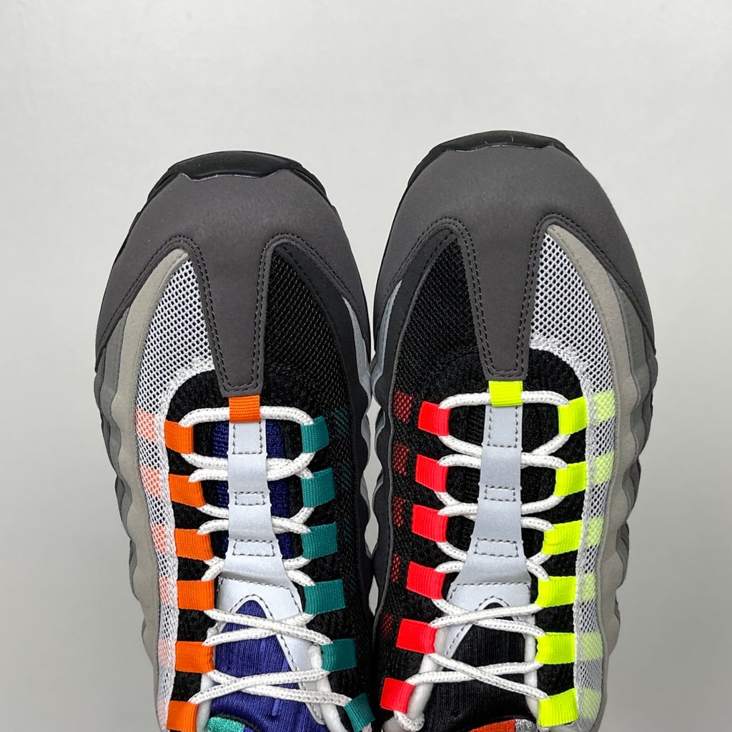 Shop Nike Air Max 95 Big Bubble Premium Greedy IM2211-001 with Neon, Grape, Solar Red and Bright Mandarin accents, visible Max Air cushioning and layered upper.