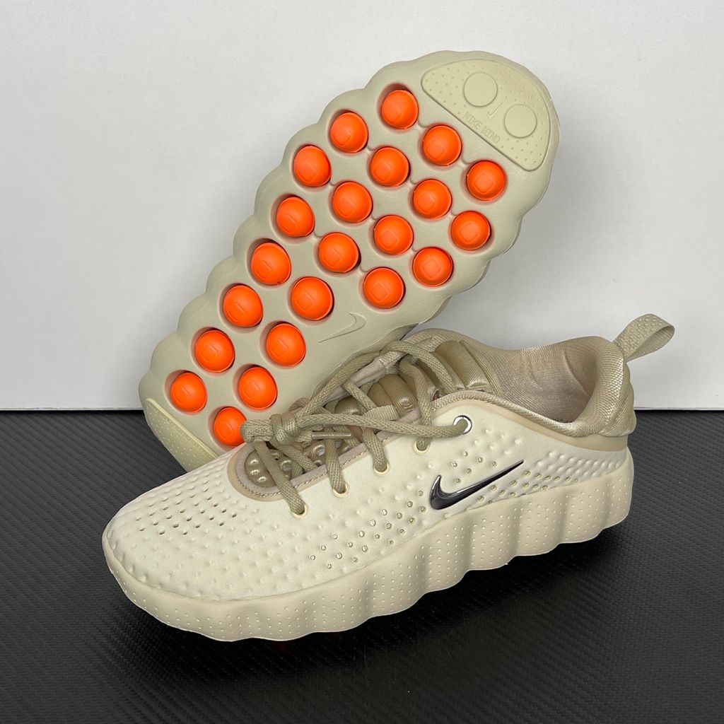 Shop Nike Mind 002 HQ4308-200 in Light Khaki and Desert Khaki with 22 sensory nodes, breathable knit upper, soft foam cushioning and rubber traction pods.