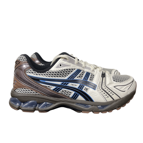 Shop ASICS GEL-KAYANO 14 1203A740-104 in Cream and Blue Coast with GEL cushioning, TRUSSTIC support and original-inspired 2008 tooling.
