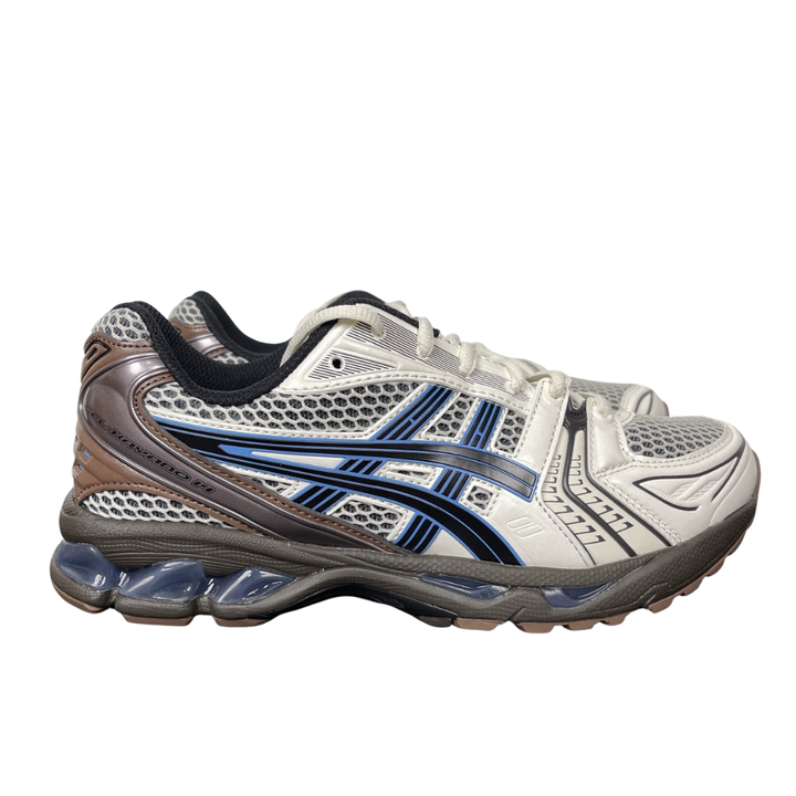 Shop ASICS GEL-KAYANO 14 1203A740-104 in Cream and Blue Coast with GEL cushioning, TRUSSTIC support and original-inspired 2008 tooling.