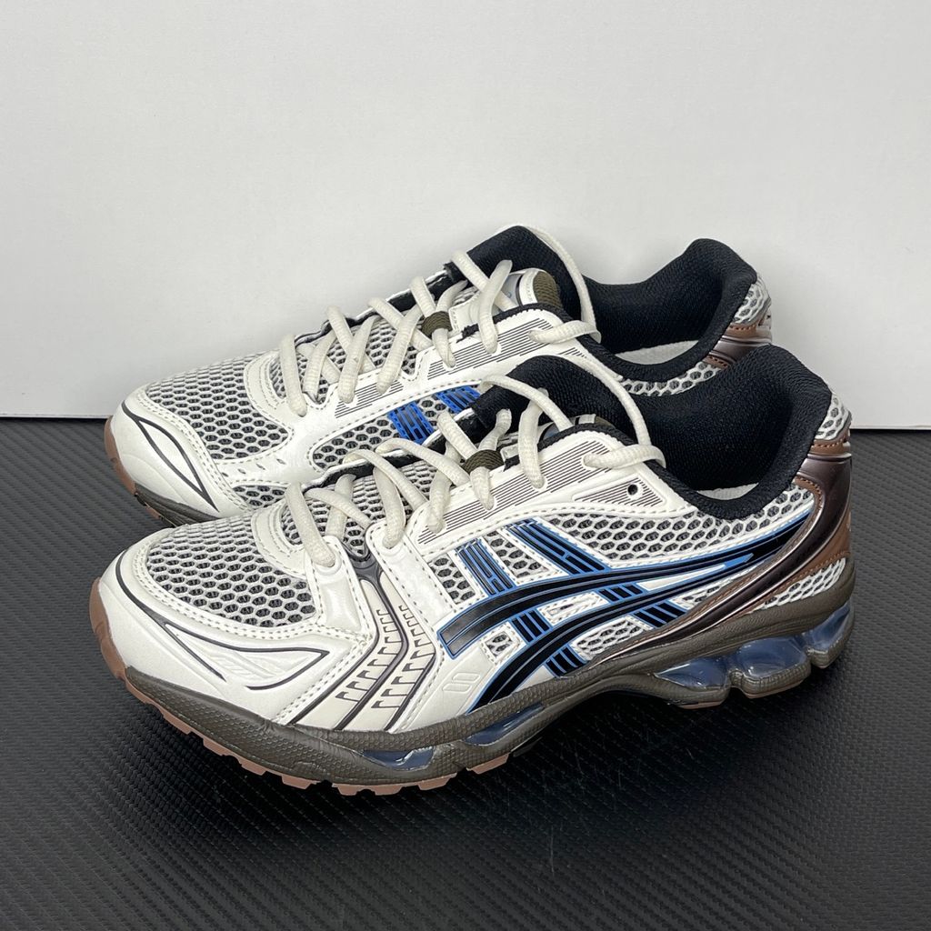 Shop ASICS GEL-KAYANO 14 1203A740-104 in Cream and Blue Coast with GEL cushioning, TRUSSTIC support and original-inspired 2008 tooling.