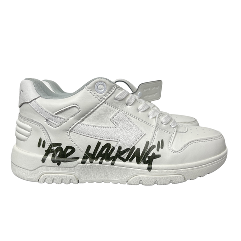 Shop OFF-WHITE Out Of Office For Walking OWIA259C99LEA110110 in White and Black with leather-led construction, Arrow branding, slogan graphic and rubber outsole.