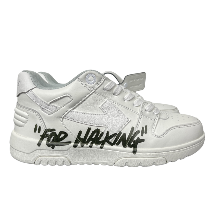Shop OFF-WHITE Out Of Office For Walking OWIA259C99LEA110110 in White and Black with leather-led construction, Arrow branding, slogan graphic and rubber outsole.