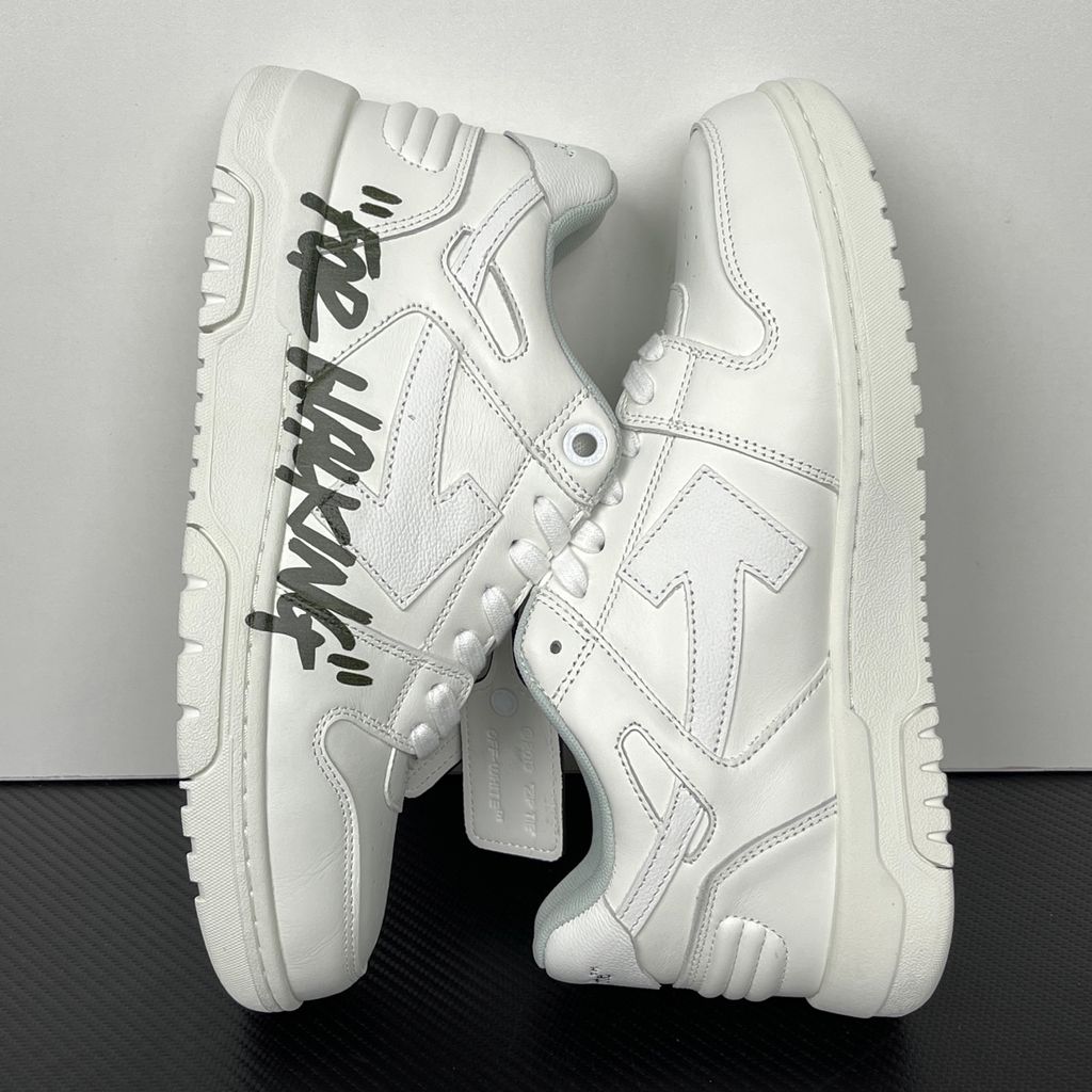 Shop OFF-WHITE Out Of Office For Walking OWIA259C99LEA110110 in White and Black with leather-led construction, Arrow branding, slogan graphic and rubber outsole..jpg