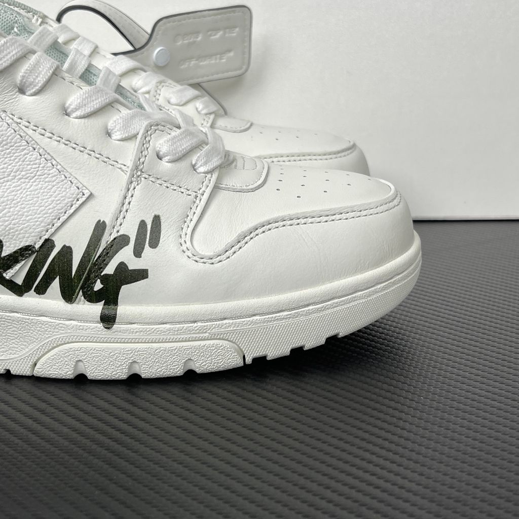 Shop OFF-WHITE Out Of Office For Walking OWIA259C99LEA110110 in White and Black with leather-led construction, Arrow branding, slogan graphic and rubber outsole.