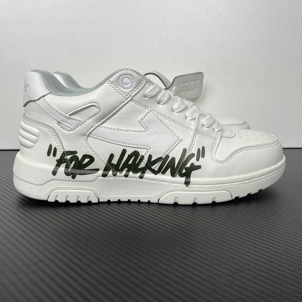 Shop OFF-WHITE Out Of Office For Walking OWIA259C99LEA110110 in White and Black with leather-led construction, Arrow branding, slogan graphic and rubber outsole.