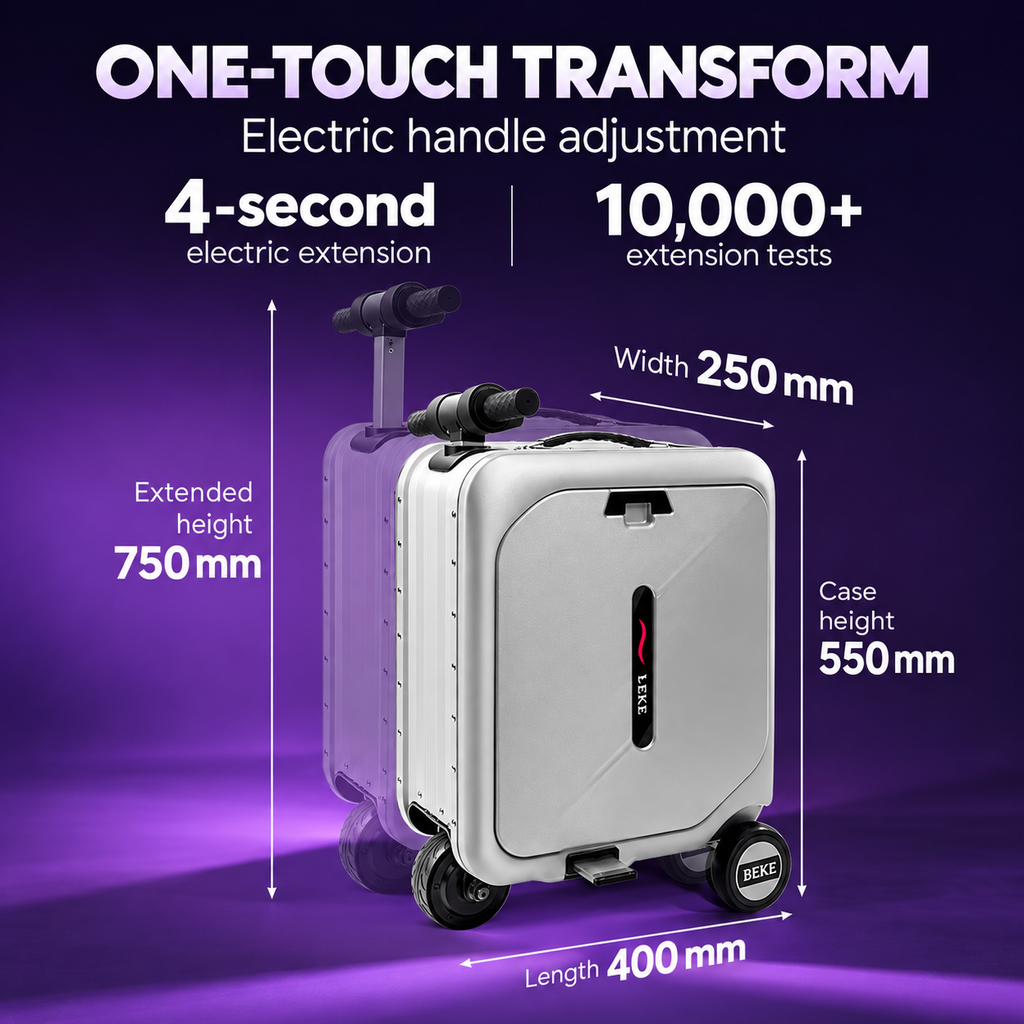 BEKE ES07X Smart Electric Ride-On Suitcase 28L Space Silver BEKE ES07X electric rideable luggage 250W motor 91.25Wh battery BEKE ES07X smart ride-on suitcase Phantom Black TSA lock USB Type-C