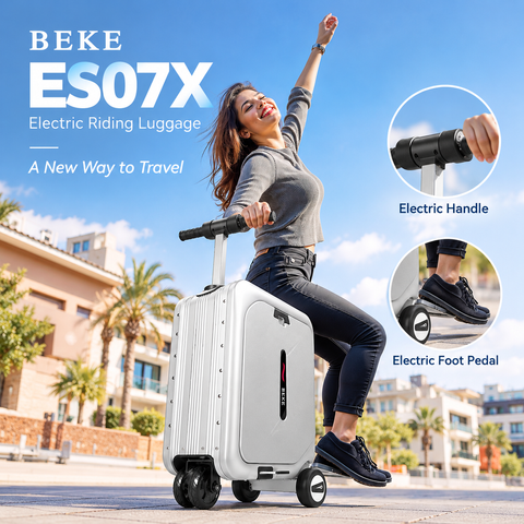 BEKE ES07X Smart Electric Ride-On Suitcase 28L Space Silver BEKE ES07X electric rideable luggage 250W motor 91.25Wh battery BEKE ES07X smart ride-on suitcase Phantom Black TSA lock USB Type-C