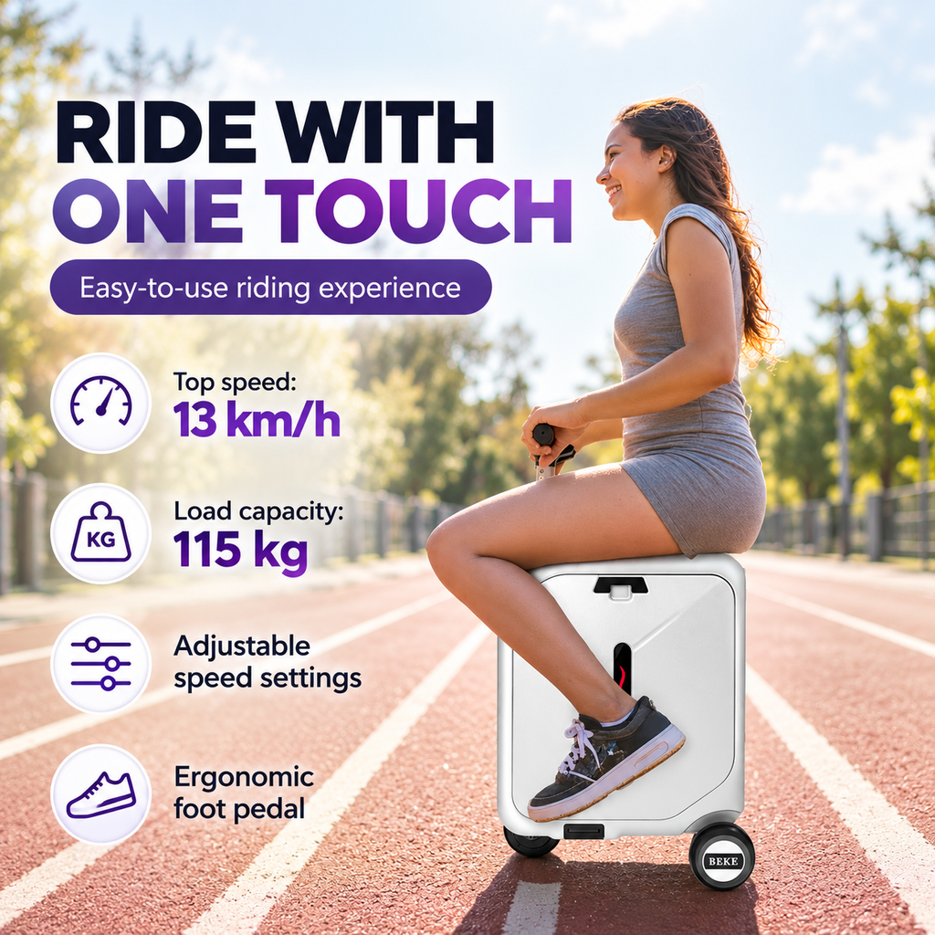 BEKE ES07X Smart Electric Ride-On Suitcase 28L Space Silver BEKE ES07X electric rideable luggage 250W motor 91.25Wh battery BEKE ES07X smart ride-on suitcase Phantom Black TSA lock USB Type-C