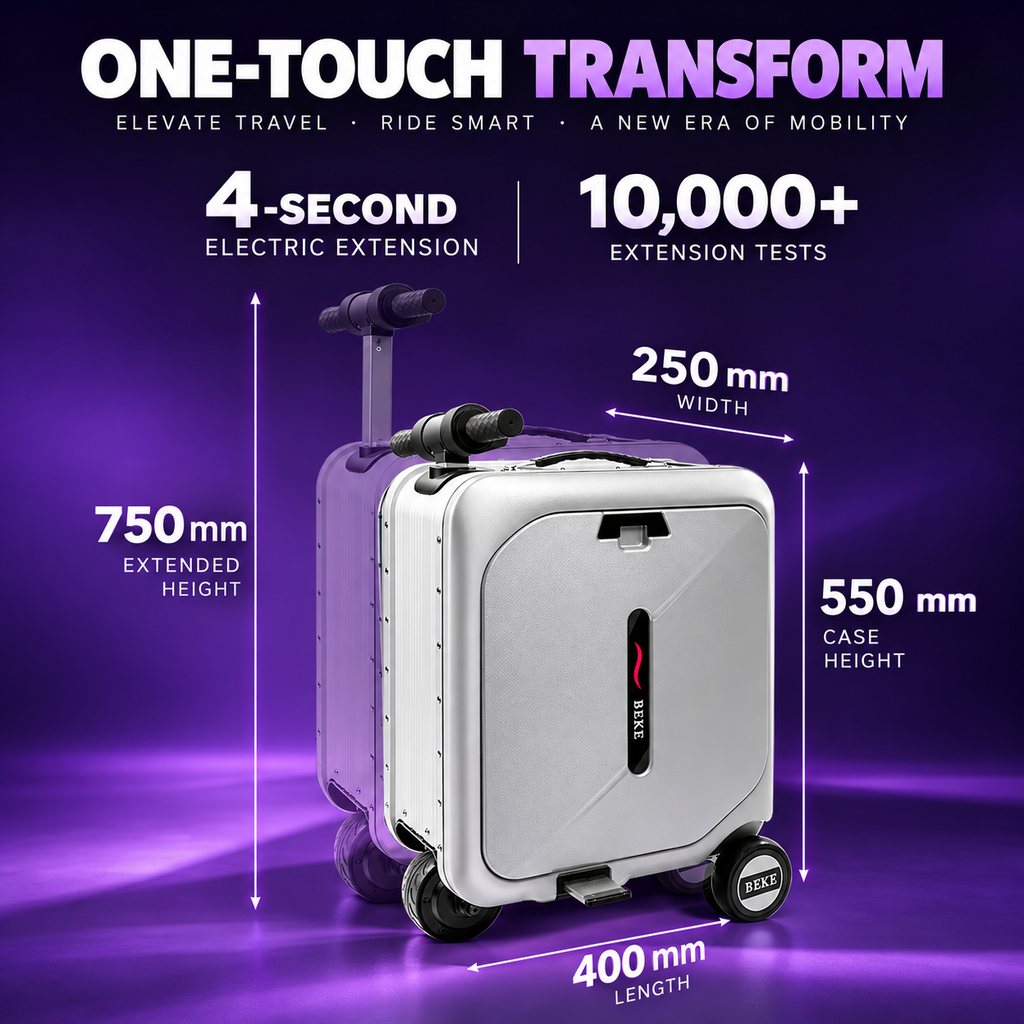 BEKE ES07X Smart Electric Ride-On Suitcase 28L Space Silver BEKE ES07X electric rideable luggage 250W motor 91.25Wh battery BEKE ES07X smart ride-on suitcase Phantom Black TSA lock USB Type-C