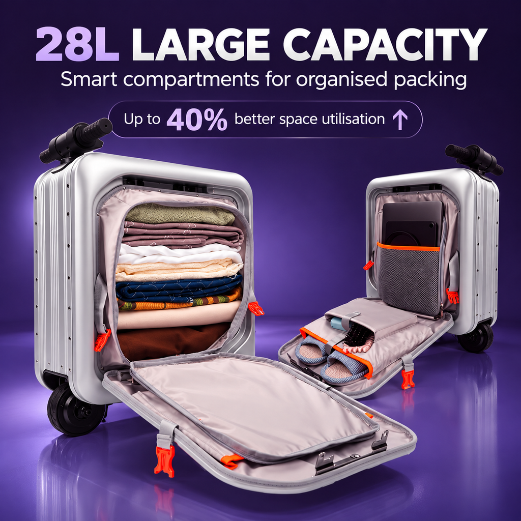 BEKE ES07X Smart Electric Ride-On Suitcase 28L Space Silver BEKE ES07X electric rideable luggage 250W motor 91.25Wh battery BEKE ES07X smart ride-on suitcase Phantom Black TSA lock USB Type-C
