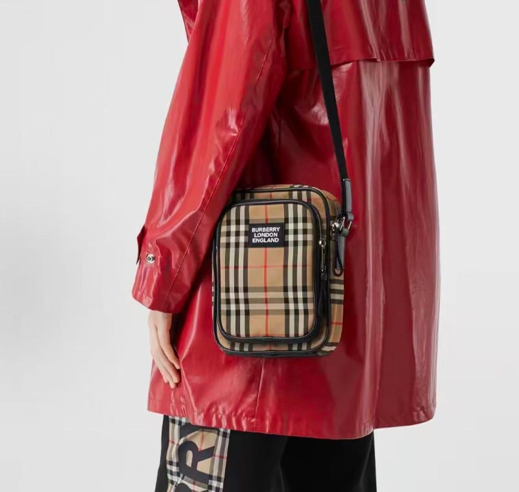Burberry Vintage Check and Leather Crossbody Bag 80233811 Archive Beige Burberry 80233811 Archive Beige Vintage Check leather trim crossbody bag Burberry Vintage Check crossbody bag adjustable nylon strap raised logo patch