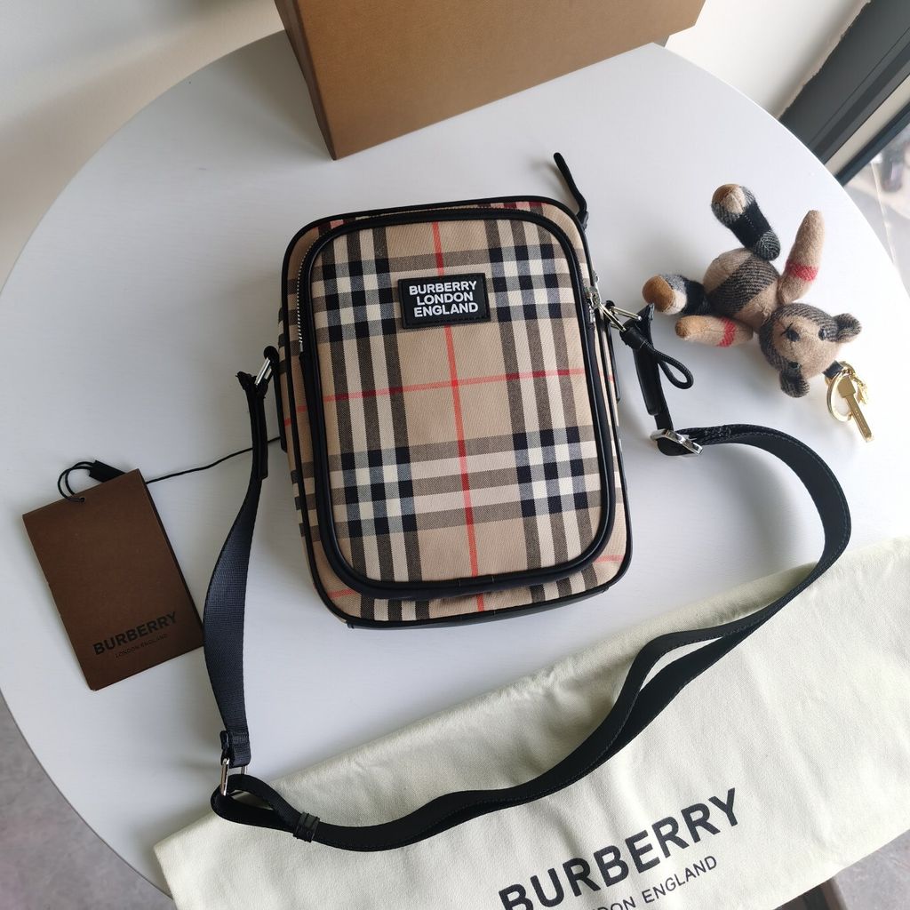 Burberry Vintage Check and Leather Crossbody Bag 80233811 Archive Beige Burberry 80233811 Archive Beige Vintage Check leather trim crossbody bag Burberry Vintage Check crossbody bag adjustable nylon strap raised logo patch