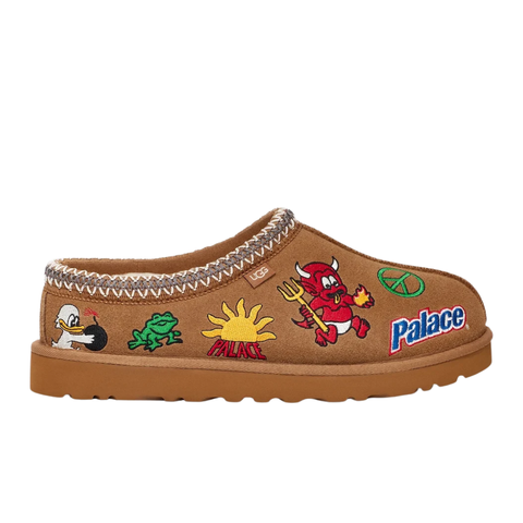 Shop UGG x Palace Tasman Slipper 1157290-CHE in Chestnut suede with embroidered Palace graphics, braided collar, plush lining, EVA midsole and Treadlite outsole.