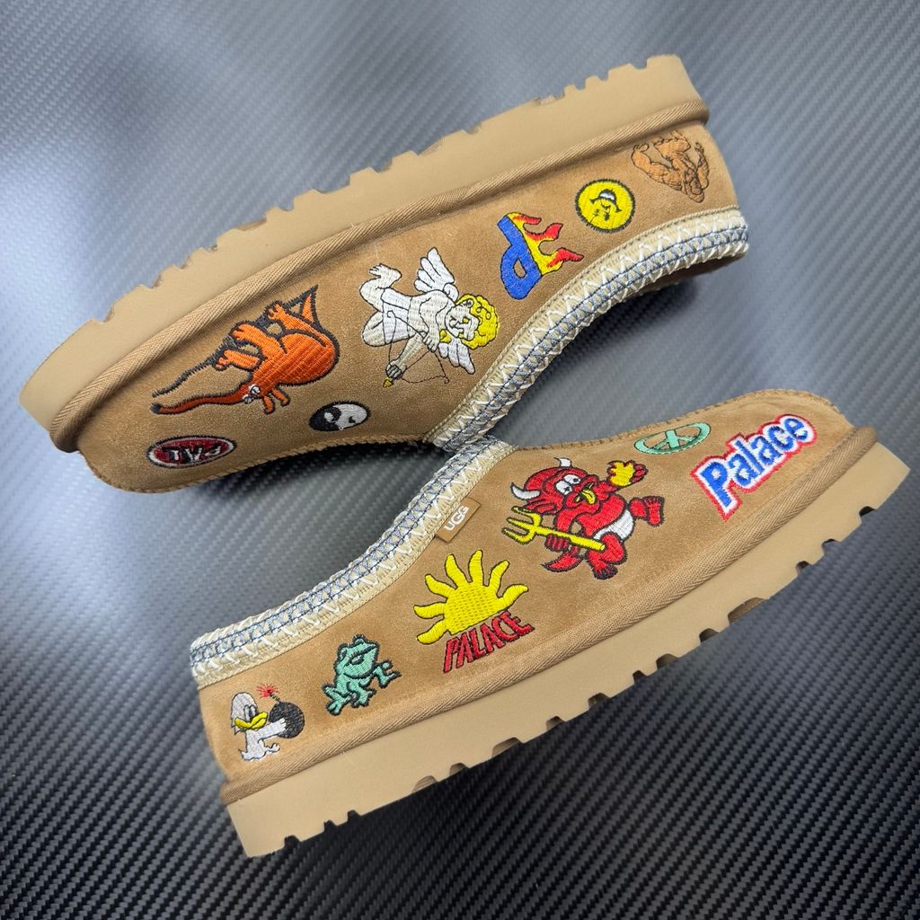 Shop UGG x Palace Tasman Slipper 1157290-CHE in Chestnut suede with embroidered Palace graphics, braided collar, plush lining, EVA midsole and Treadlite outsole.