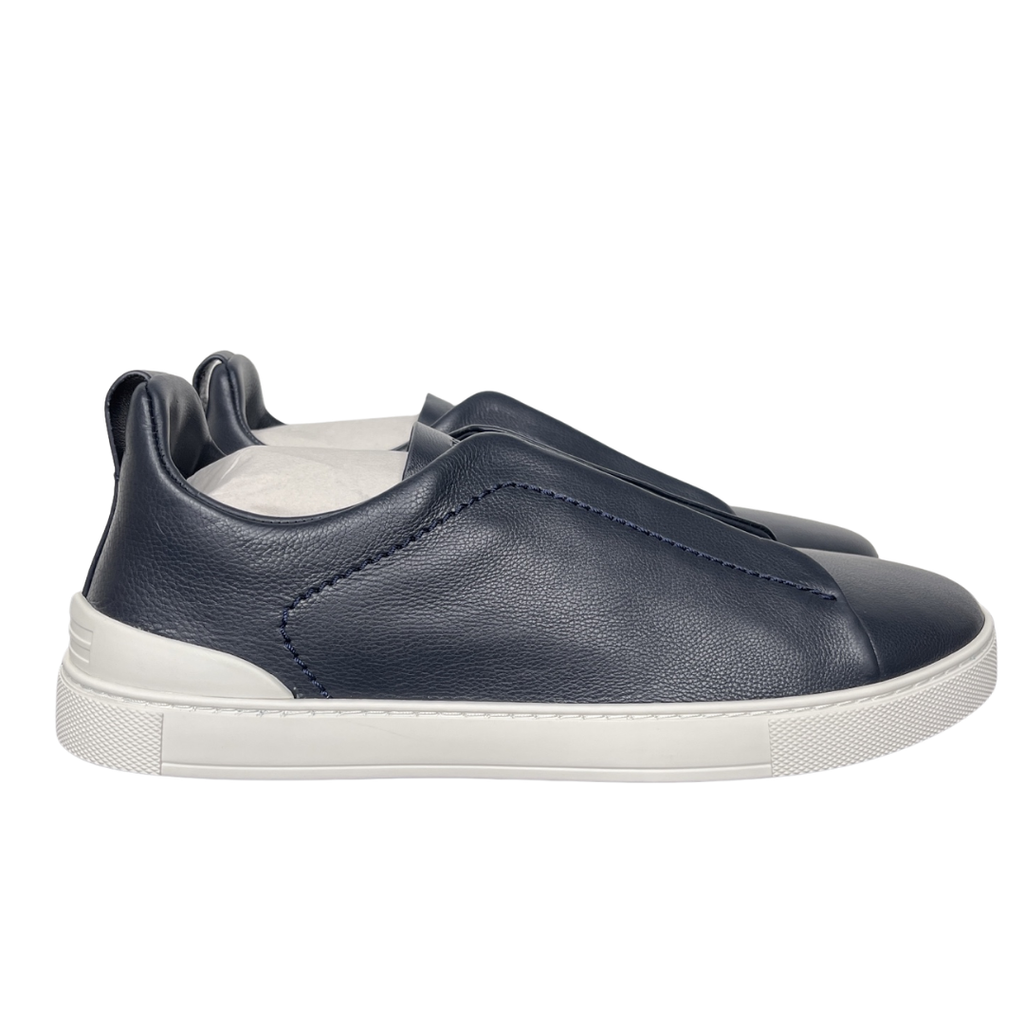 ZEGNA Triple Stitch SECONDSKIN LHOTA-S5207Z-ARE Navy Blue leather sneakers ZEGNA Triple Stitch Blue LHOTA-S5207Z-ARE SECONDSKIN calfskin slip on sneakers ZEGNA LHOTA-S5207Z-ARE dark blue Triple Stitch white rubber sole luxury shoes