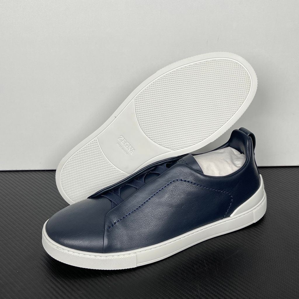 ZEGNA Triple Stitch SECONDSKIN LHOTA-S5207Z-ARE Navy Blue leather sneakers ZEGNA Triple Stitch Blue LHOTA-S5207Z-ARE SECONDSKIN calfskin slip on sneakers ZEGNA LHOTA-S5207Z-ARE dark blue Triple Stitch white rubber sole luxury shoes