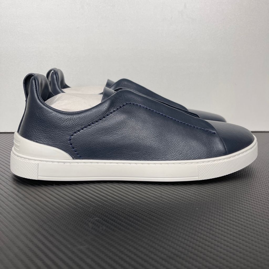 ZEGNA Triple Stitch SECONDSKIN LHOTA-S5207Z-ARE Navy Blue leather sneakers ZEGNA Triple Stitch Blue LHOTA-S5207Z-ARE SECONDSKIN calfskin slip on sneakers ZEGNA LHOTA-S5207Z-ARE dark blue Triple Stitch white rubber sole luxury shoes
