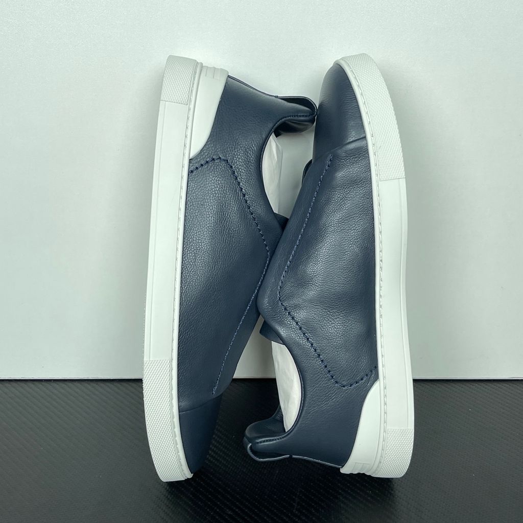 ZEGNA Triple Stitch SECONDSKIN LHOTA-S5207Z-ARE Navy Blue leather sneakers ZEGNA Triple Stitch Blue LHOTA-S5207Z-ARE SECONDSKIN calfskin slip on sneakers ZEGNA LHOTA-S5207Z-ARE dark blue Triple Stitch white rubber sole luxury shoes