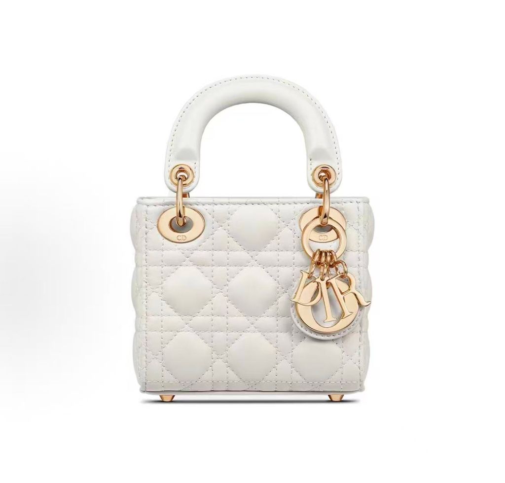 Dior Lady Dior Micro Bag S0856ONGE M030 Latte Cannage lambskin Lady Dior Micro Bag Latte S0856ONGE M030 quilted lambskin D.I.O.R. charms Dior S0856ONGE M030 Latte micro handbag Cannage leather crossbody bag