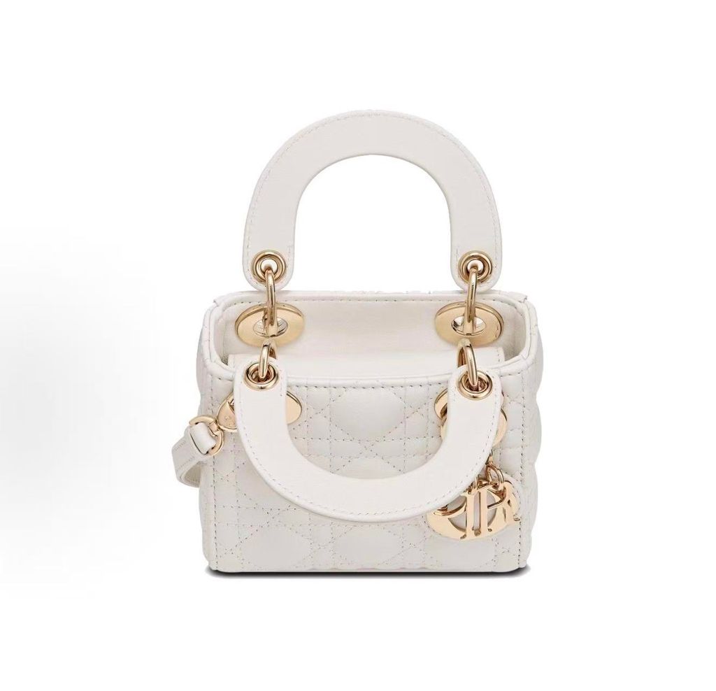 Dior Lady Dior Micro Bag S0856ONGE M030 Latte Cannage lambskin Lady Dior Micro Bag Latte S0856ONGE M030 quilted lambskin D.I.O.R. charms Dior S0856ONGE M030 Latte micro handbag Cannage leather crossbody bag
